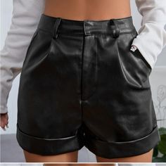 Never Worn! High Waist Black Vegan Leather Shorts Size: Xsp (0p) Questions? Leave A Comment Below! Shein Shorts, Formal Shorts, Black Leather Shorts, Black Vegan, Leather Shorts, Trendy Outfits, Leather Skirt, Vegan Leather, High Waist