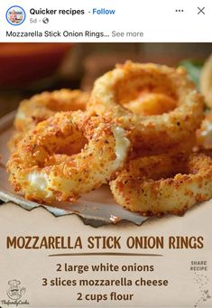 an advertisement for mozzarella stick onion rings on a plate with other food items in the background