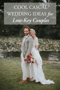 a man and woman standing next to each other in the grass