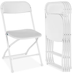 two white folding chairs next to each other on a white background, one is empty