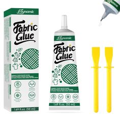 a bottle of fabric glue next to two yellow plastic straws and a tube of toothpaste