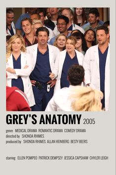 the grey's anatomy movie poster is shown with many people in scrubs and white coats