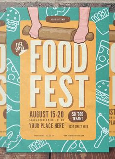 three food festival flyers on wooden planks