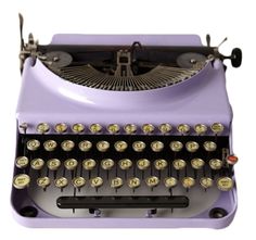 an old fashioned purple typewriter sitting on a white surface with the keys still attached