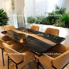 a dining room table with chairs around it and plants in the backround area