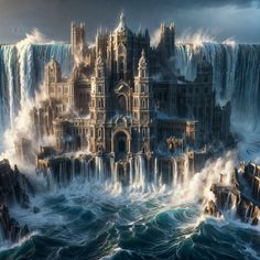 an image of a castle in the middle of water with waves crashing around it and people standing on rocks