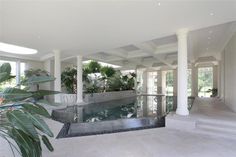 an indoor swimming pool in the middle of a large room with columns and plants on either side