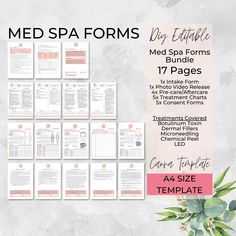 DIY Editable Med Spa Intake Health History Form, Botulinum Toxin, Dermal Fillers, Chemical Peels, Microneedling, LED, Consent, A4 SIZE EDITABLE TEMPLATE INCLUDES: 17 pages ☑ Client Intake & Health History Form (2 pages) ☑ Consent forms for Microneedling, LED, Chemical Peel, Botulinum Toxin Injections, Dermal Fillers (5 pages) ☑ Pre-treatment & aftercare (4 pages) ☑ Microneedling treatment charts and notes (5 pages) ☑ Photo & Video Release Form (1 page) WHAT YOU DOWNLOAD: ☑ Instructions with a li Medical Spa Decor, Med Spa Design, Med Spa Decor, Esthetician Ideas, Esthetician Salon, Waxing Aftercare