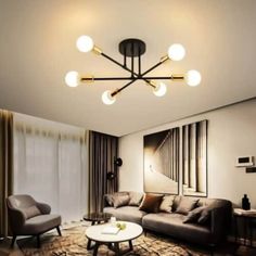 a living room filled with furniture and lights