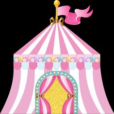 a pink and white circus tent with gold stars on the front, and a pink ribbon hanging from it's top