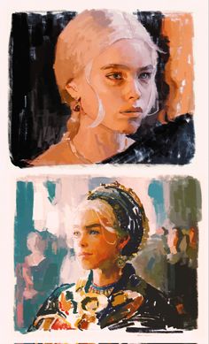 two paintings of women with different hair styles