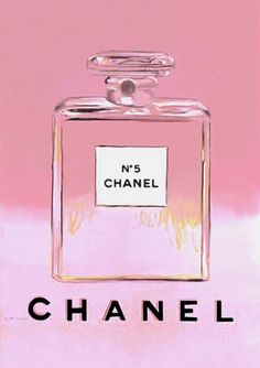 a chanel bottle on a pink background with the words no 5 in black and white