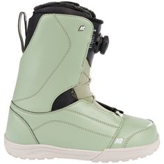 the snowboard boots are light green and have white outstratches on them