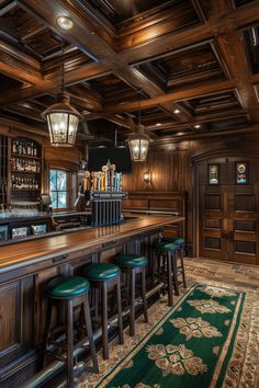 a bar with several stools in front of it and an area rug on the floor