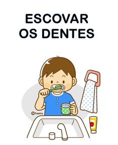 a boy brushing his teeth while sitting in front of a sink with the caption escovar os dentes