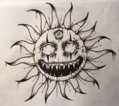 a drawing of a smiling sun with big eyes and sharp fangs on it's face