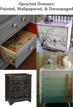 an advertisement for painted dressers with images of furniture and accessories on it, including drawers