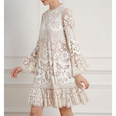 Worn Once - In Excellent Condition Chic Beige A-line Lace Dress, Elegant Long Sleeve Cream Lace Dress, Elegant Long Sleeve Neutral Mini Dress, Luxury Cream Dress For Summer, Luxury Cream Party Dress, Luxury White Dresses With Ruffles, Luxury Long Sleeve Cream Dress, Luxury Beige Dresses For Spring, Chic Beige Long Sleeve Lace Dress