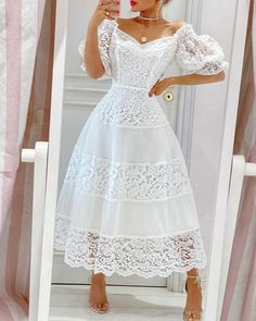 Summer Profile, Fairycore Dresses, White Floral Print Dress, Maxi Dress Outfit, Lantern Sleeve Dress, Straight Neckline, Sleeves Clothing, White Skirt, Puffed Sleeves Dress