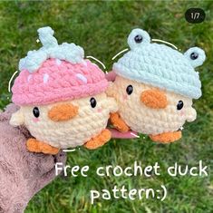 two crocheted ducks wearing hats on top of each other with the caption free crochet duck pattern