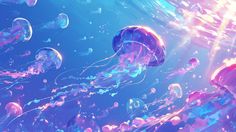 colorful jellyfish floating in the blue water