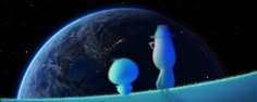 an animated image of two people standing in front of the earth