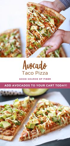 an advertisement for a pizzeria called avocado taco pizza with the title above it