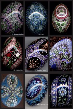 many different types of painted rocks in various colors and patterns, all with designs on them