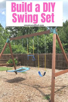 a wooden swing set with swings and a sign that says build a diy swing set