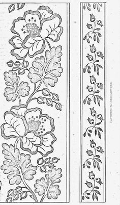 an old bookmark with flowers and leaves in black ink on white paper, both side by side