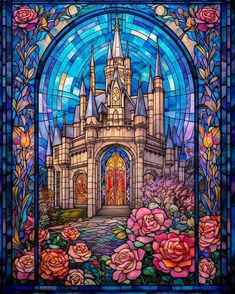 a stained glass window with an image of a castle in the center and roses around it