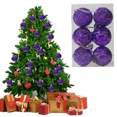 a christmas tree with purple balls and presents