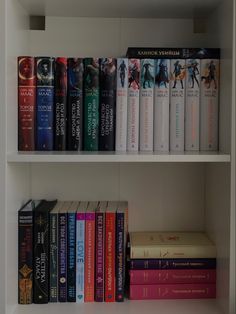 a book shelf filled with lots of books on top of white shelving unit shelves