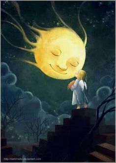 a painting of a girl standing on stairs looking at the moon