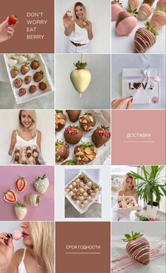 a collage of photos with different foods and desserts on them, including strawberries