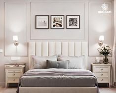 a bedroom with white walls and two pictures on the wall above the bed, along with nightstands