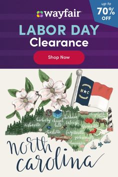 the labor day clearance flyer for north carolina is shown in blue and white with flowers