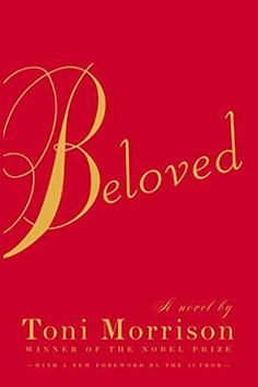 the book cover for beloved by tomi morsson, which is red with gold lettering