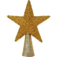 a gold star decoration on top of a silver cone with yellow beads and sequins