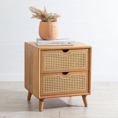 a wooden cabinet with two drawers and a potted plant sitting on top of it