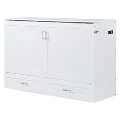 a white cabinet with two doors and three drawers