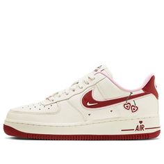 In celebration of Cupid's season, Nike reveals its all-new Air Force 1 “Valentine’s Day. The Nike Wmns Air Force Valentine's heart shaped cherries hanging over the Swoosh and heart cutouts fitted on the heel tabs. The Swoosh logo is featured in deep red with pink outline embroidery. Additional heart motifs dot the "Air" lettering on the midsoles. FD4616-161 (AF1/SNKR/Skate/Low Top/Women's/Non-Slip/Wear-resistant) New Air Force 1, Cute Converse Shoes, The Night Is Young, Outline Embroidery, Cute Converse, Nike Air Force 1 Low, Swoosh Logo, Air Force 1 Low, Stylish Sneakers