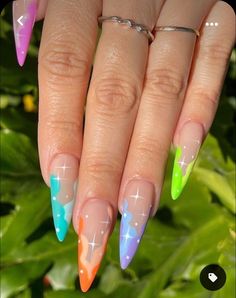 Wavy, Neon, French Tips Funky Nails 2023, Funky Acrylic Nails Art Ideas, Stiletto Nails Inspo Aesthetic, Linework Nail Art, Nails Arcoiris, Retro Acrylic Nails, Neon Light Nails, Cute Anime Nails, Techno Nails