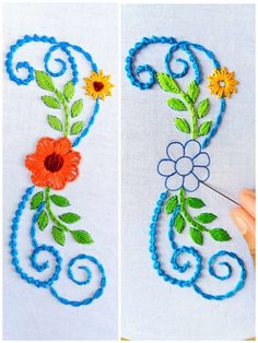 two pictures showing how to make an embroidered letter with flowers and swirls on it