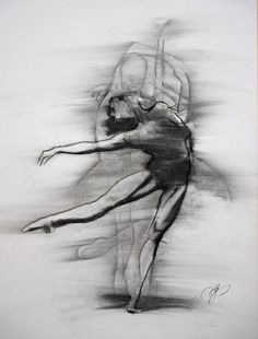 a black and white drawing of a ballerina in motion with her arms stretched out