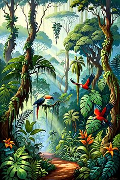 a painting of birds flying in the jungle