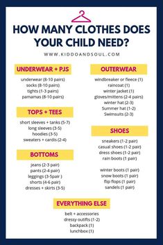 a poster with the words how many clothes does your child need? and other things to do