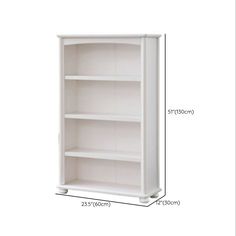 an image of a white bookcase with measurements for the size and width on it