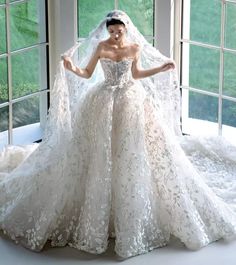 a woman in a wedding dress with a veil on her head standing next to a window