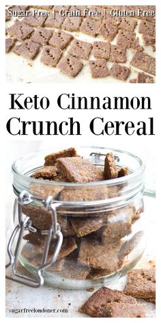 keto cinnamon crunch cereal in a glass jar with text overlay that reads, how to make keto cinnamon crunch cereal